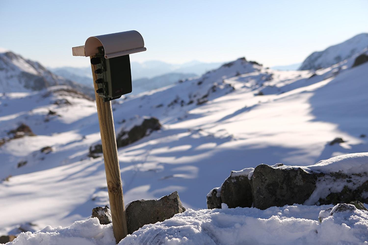 Enregistreur acoustique installé sur un piquet en montagne enneigée (projet POIA)